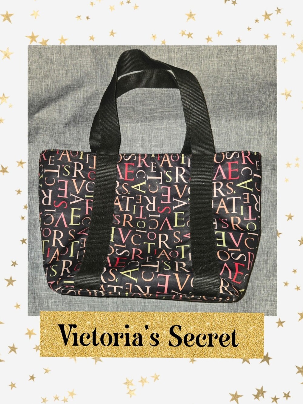 Victoria's Secret Black Multicolor Logo Pattern Tote